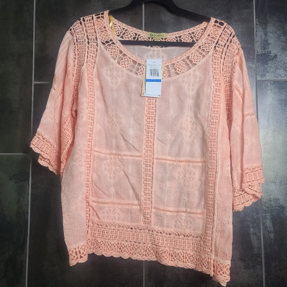 Democracy Crochet Embroidered Tunic Coral XL